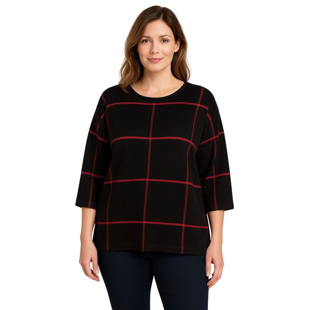 Tahari Women’s 1X Sweater Black Red Windowpane Pullover Rayon 3/4 Sleeve